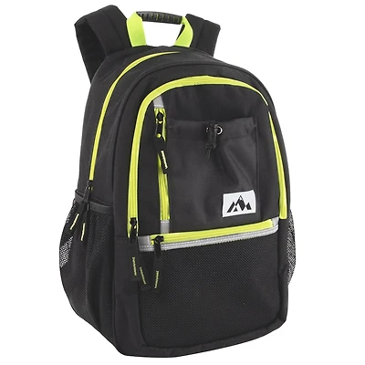 Trail Maker Multi-Pocket Backpack with Front Mesh Zipper Pocket, Side Mesh Pockets, Padded Laptop Pocket, Rubber Grip Handle & Reflective Trim for Travel, Commute, School & Gym in Black & Neon Green