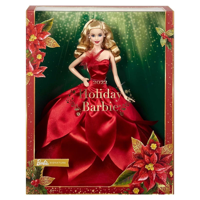 Poupée ​Barbie Joyeux Noël 2022 Barbie Signature (cheveux blonds ondulés) avec support pour poupée