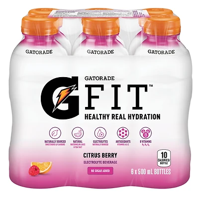 Gatorade Fit Citrus Berry Electrolyte Beverage 6 x 500mL, Bottles