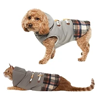 Holiday Time Vêtements pour chiens : Veste à capuche pour l'automne et l'hiver, gris et tartan avec faux boutons, taille XS-XL