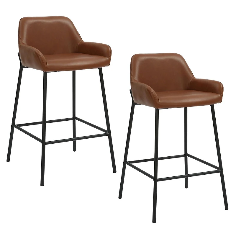 Contemporary Faux Leather & Metal 26" Counter Stool, PU, Set of 2 - Saddle & Black