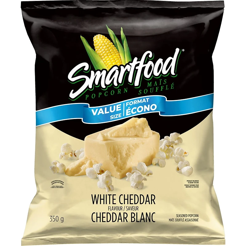 Smartfood maïs soufflé assaisonné saveur Cheddar blanc, format écono 350 g.