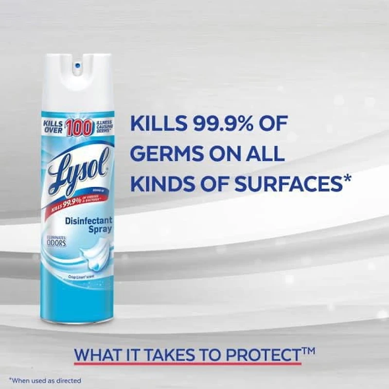 Spray Désinfectant Lysol, Linge frais, Désinfecte et élimine les odeurs sur les surfaces dures et les tissus 350g