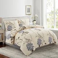 Literie Marina Décoration douce, soyeuse et riche en rayonne de bambou imprimée, toutes saisons, housse de couette, drap-housse, avec fermeture éclair et lien d'angle, motif floral chrysanthème bleu