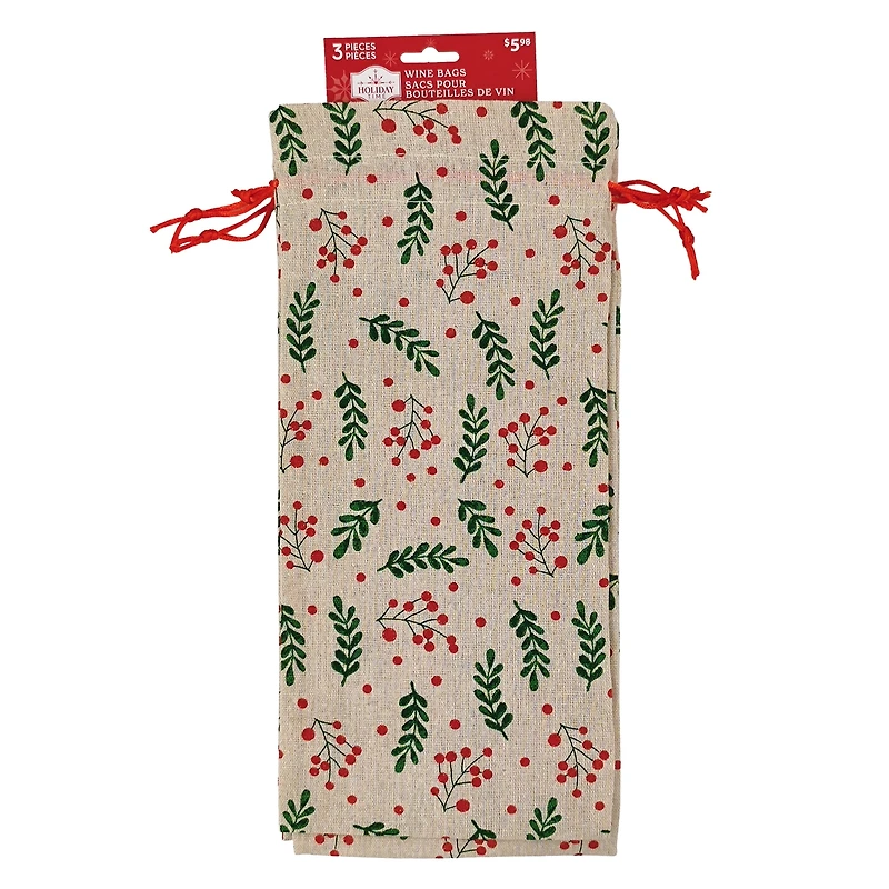 Holiday Time 3 Count Fabric Bags with Drawstring 6" by 14" for Xmas Package Storage