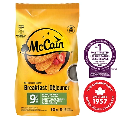 McCain® 9 Minute No Flip Savoury Herb Potato Patties, Made in Canada from domestic and imported ingredients, 600g