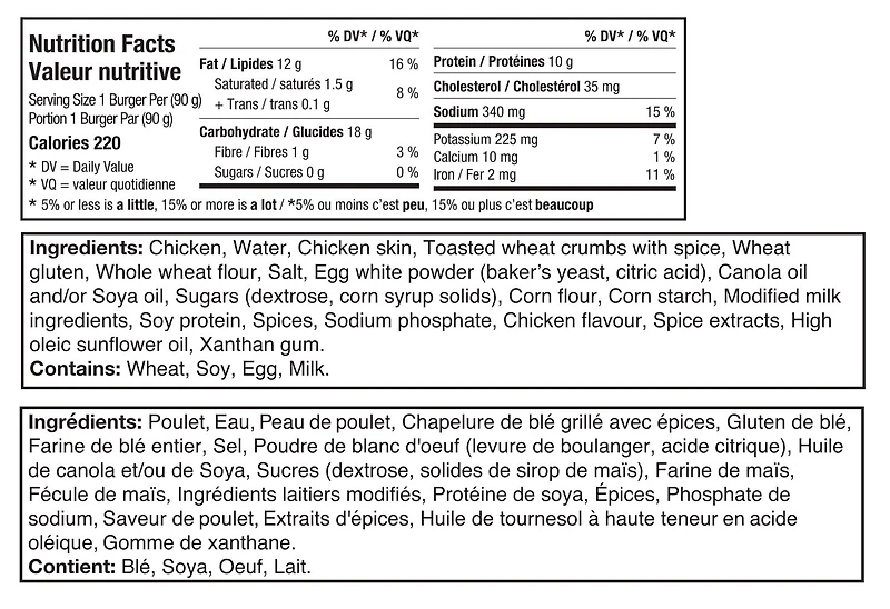Burgers de poulet Watson Ridge 800 g de hamburger au poulet FC Watson Ridge