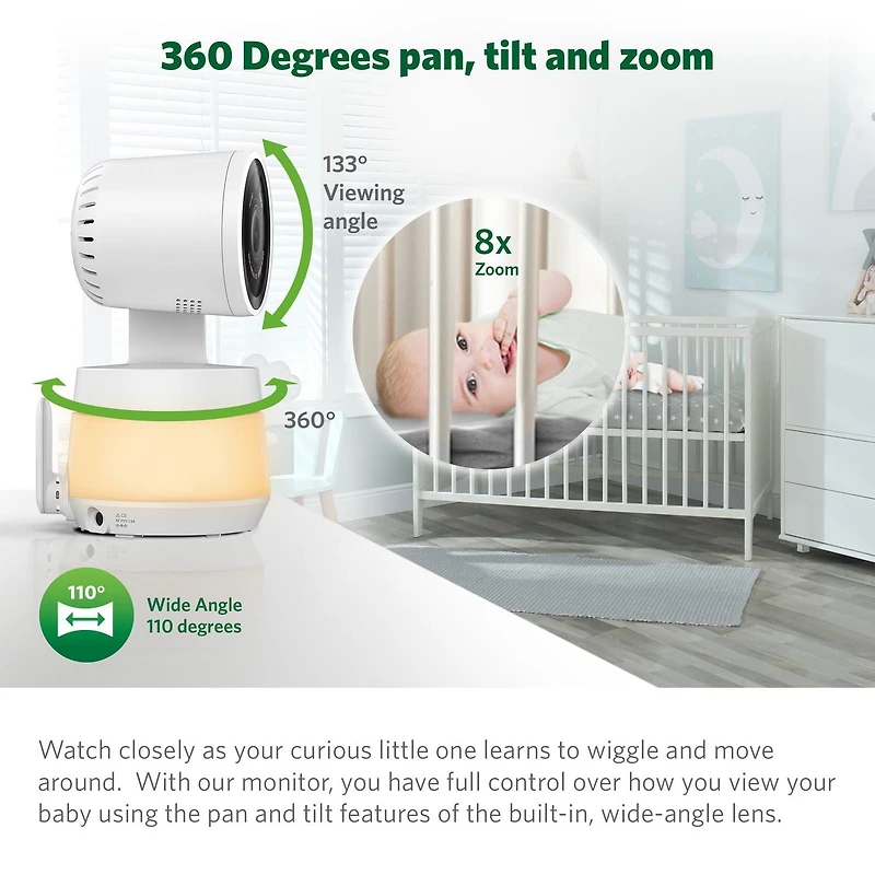 LeapFrog LF925-2HD, Moniteur de bébé Wi-Fi 1080p panoramique à 360 degrés et inclinaison à 2 camér affichage haute définition 720p de 5 po, veilleuse, vision nocturne couleur, (Blanc)