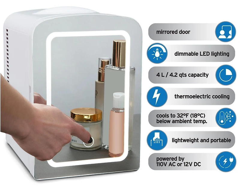 Koolatron Mirrored LED Cooler/Fridge, 4L (4.2 Quarts) for Cosmetics, Beverages, Food, or Medicines