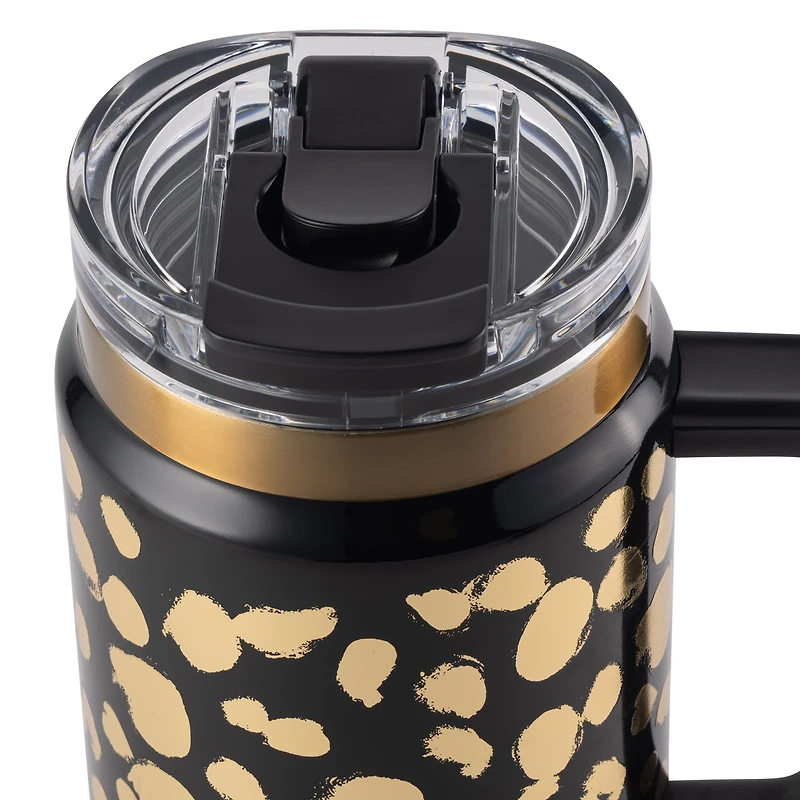 Thyme & Table 32oz Tumbler with Handle, Dual Straw Lid, Stainless Steel Double Wall Insulated, Black & Gold Dot