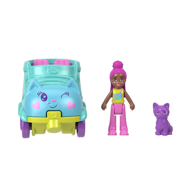 Polly Pocket Vehicle Set, Micro Doll with Roller Skate Theme Die-cast Car & Pet Cat Figure