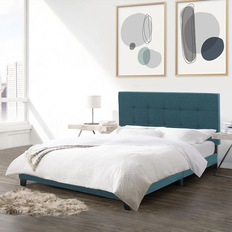 CorLiving Ellery Fabric Upholstered Adult Queen Bed Frame with Slats and Tufted Headboard - No Box Spring Required