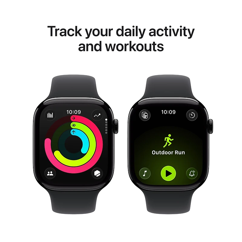 Apple Watch Series 11 GPS - Boîtier 42 mm en aluminium noir de jais - Bracelet sport noir (P/M)