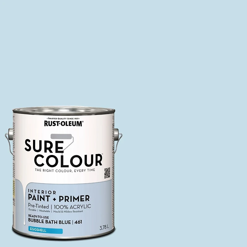 Rust-Oleum Sure Colour™ Peinture + Apprêt, Intérieur Coquille d'oeuf, Bleu Bain Moussant 3,78L 3,78L