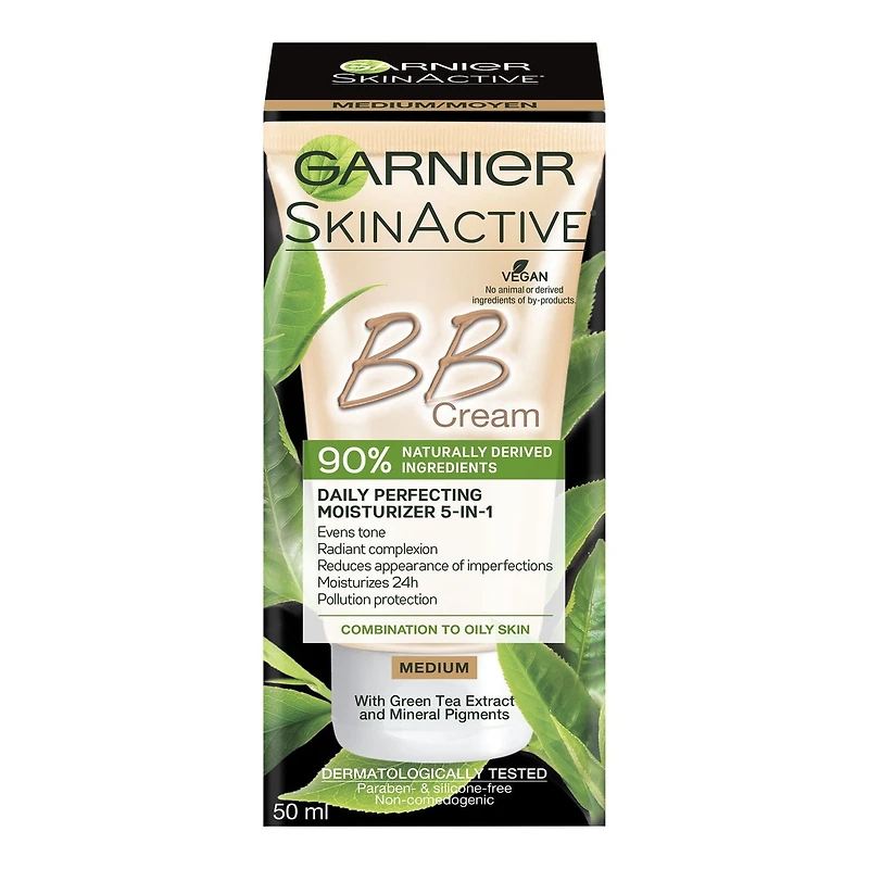 Garnier Bb Cream 90% Naturally-Derived Ingredients 5-in-1 Daily Perfecting Moisturizer with Green Tea Extract Medium Shade