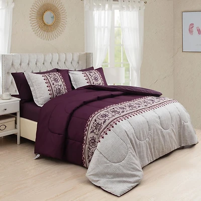 Marina Décoration Literie luxueuse ultra douce en duvet d'oie, alternative au duvet d'oie, richement imprimée, avec draps et motif floral moderne aubergine aster