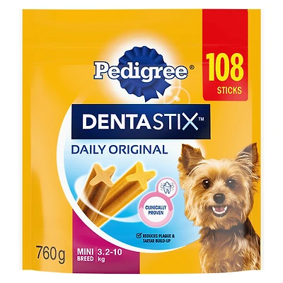 Gâteries de soins buccodentaires PEDIGREE DENTASTIX Mini saveur originale, format méga, 108 bâtonnets, sachet de 760 g