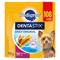 Gâteries de soins buccodentaires PEDIGREE DENTASTIX Mini saveur originale, format méga, 108 bâtonnets, sachet de 760 g