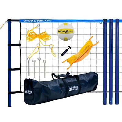 Park & Sun Spiker Sport Steel Volleyball Set – 3‑piece steel poles, adjusts to men’s/coed/women’s heights, regulation 32′ net, includes boundary, stakes, ball, pump & carry bag