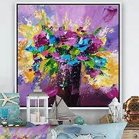 Designart Bouquet lumineux de fleurs de printemps sur fond violet ART MURAL À CADRE FLOTTÉ