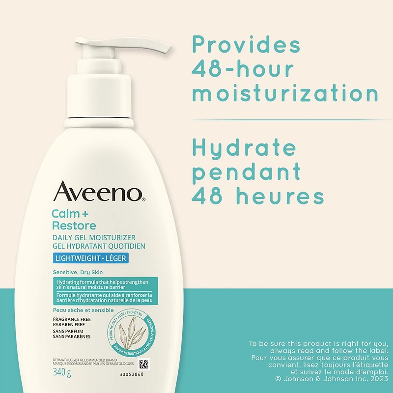 Gel hydratant quotidien Aveeno Calm + Restore, avoine prébiotique, aloès, provitamine B5, soulage la peau sèche et sensible, sans parfum