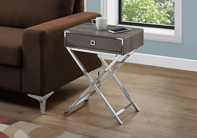 Monarch Specialties  Table D'appoint, Coté, Bout, Table De Nuit, Lampe, Tiroir De Rangement, Salon, Chambre À Coucher, Stratifié Brun, Métal Chromé, Contemporain, Moderne