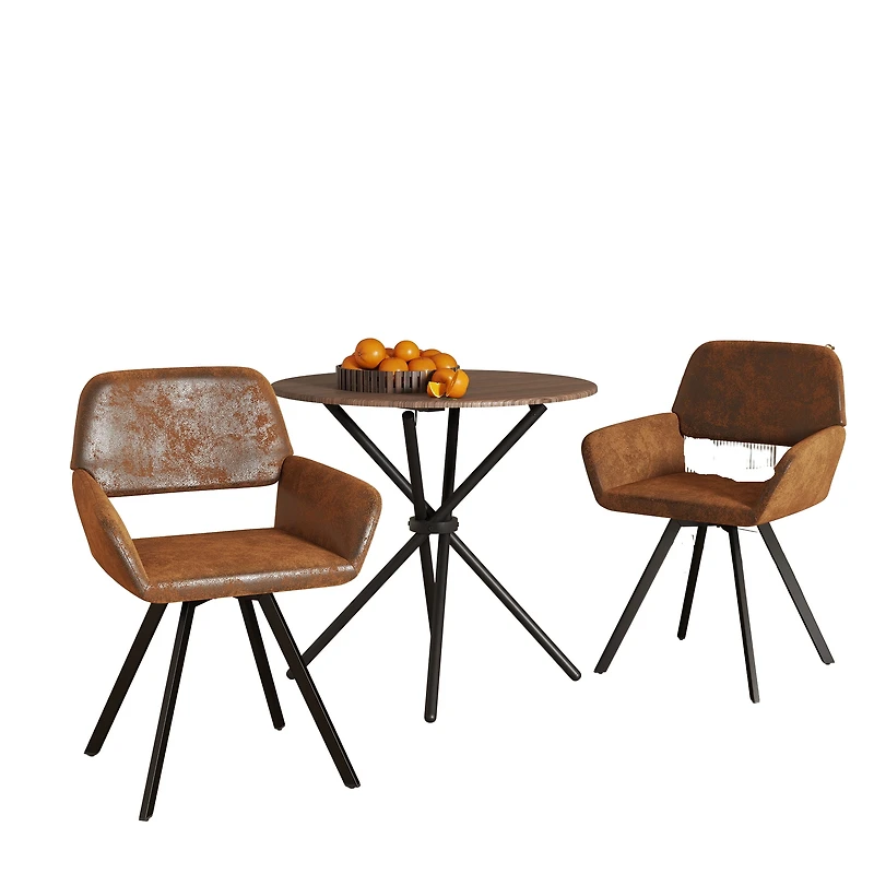 Ensemble de salle à manger 3 pièces Homy Casa avec table ronde et fauteuils pivotants, table imitation bois expresso de 80 cm et 2 chaises pour cuisine et appartement, tissu imitation suède marron