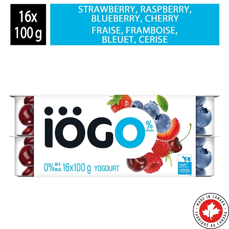 iÖGO Strawberry/Raspberry/Blueberry/Cherry Fat Free Yogurt Cups 0%, 16x100g
