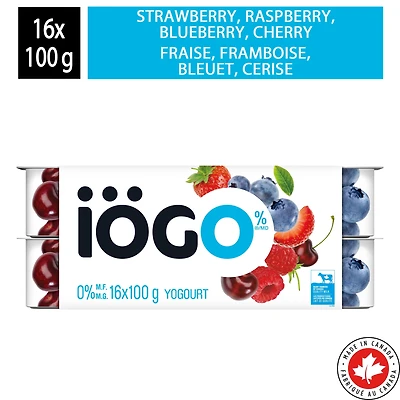 iÖGO Pots de yogourt sans matière grasse fraise/framboise/bleuet/cerise 0 % 16x100g