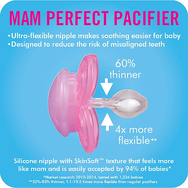 MAM Perfect Night Pacifiers, Glow in the Dark Pacifiers (2 pack) MAM Pacifiers 0-6 Months, Best Pacifier for Breastfed Babies, Baby Girl Pacifier