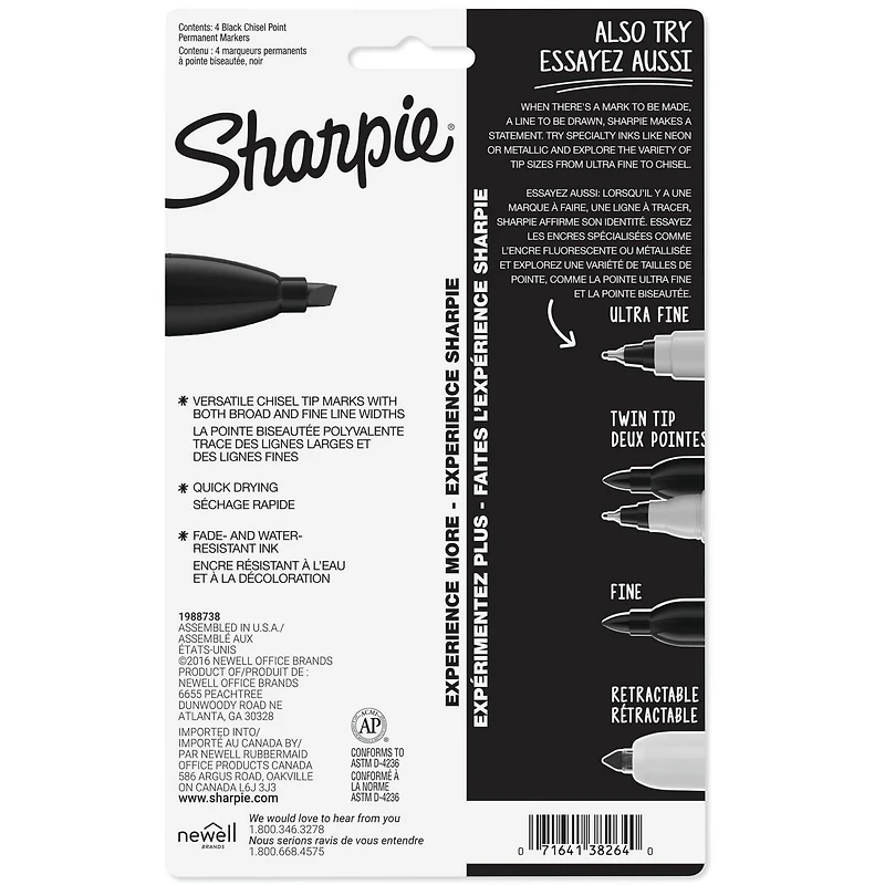 Marqueurs Permanents Sharpie Chisel, noir 4 unités