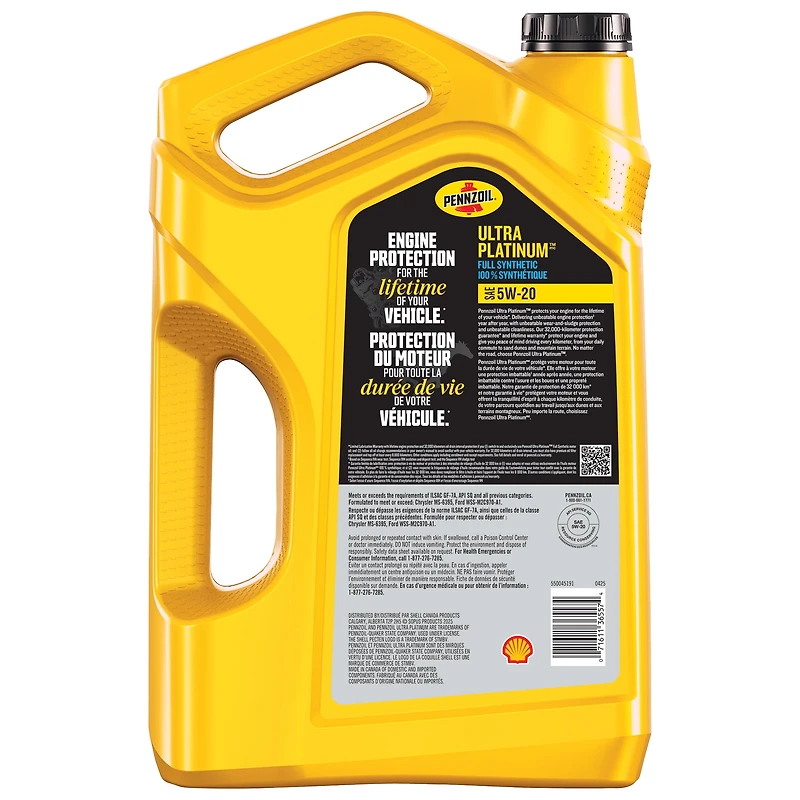 Huile moteur Pennzoil Ultra Platinum 100 % synthétique 5W-20, 5 litres (caisse de 3)