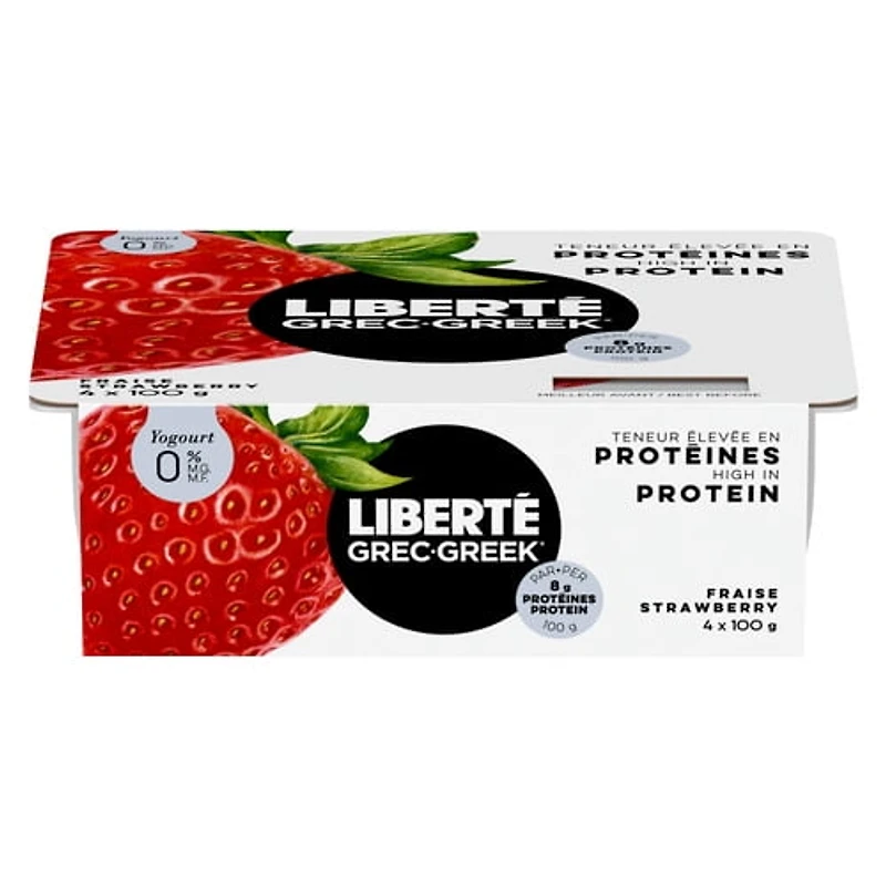 Liberté Greek 0% Yogurt 4-Pack, Strawberry, High Protein and Probiotics, 100 g, 4 ct, 4 x 100 g, 400 g