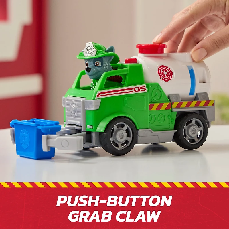 Pat' Patrouille Mission pompiers : Camion-citerne de pompiers Rocky avec figurine articulée, pince et camion, jouets pour garçons et filles à partir de 3 ans