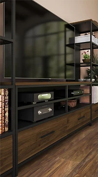 Ameriwood Home Structure TV Stand for TVs up to 60", Sterling Oak Wood Veneer with Black Metal and Black Glass