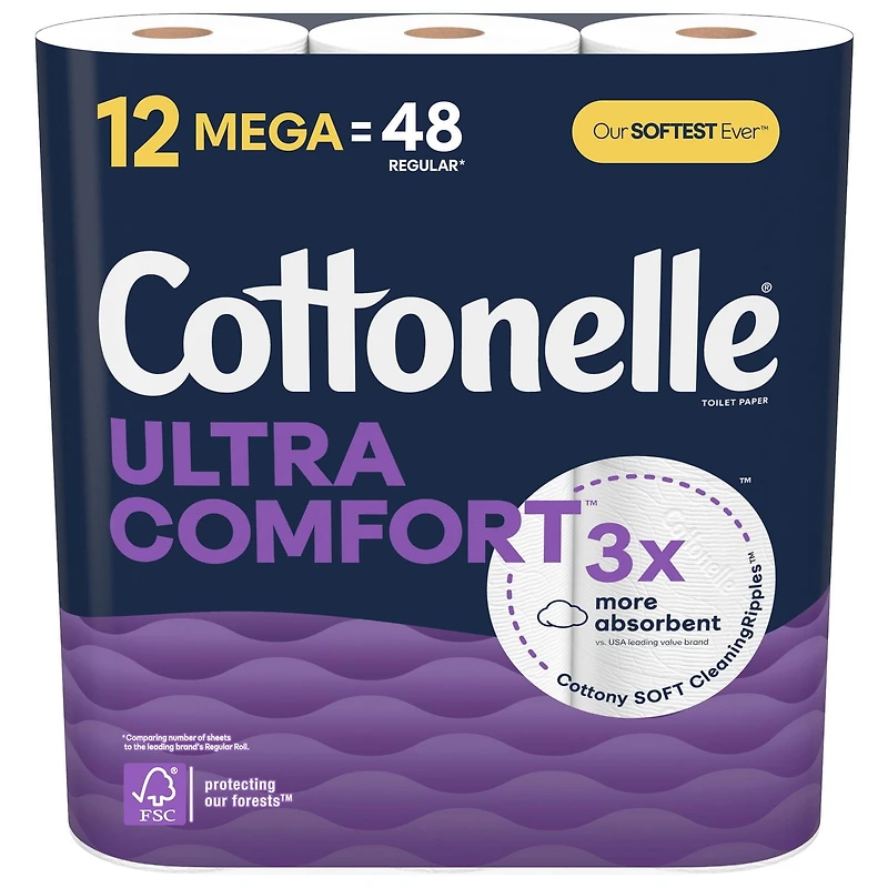 Cottonelle Ultra Comfort Toilet Paper, Strong Toilet Tissue, 12 Mega Rolls (12 Mega Rolls = 48 Regular Rolls), 244 Sheets Per Roll