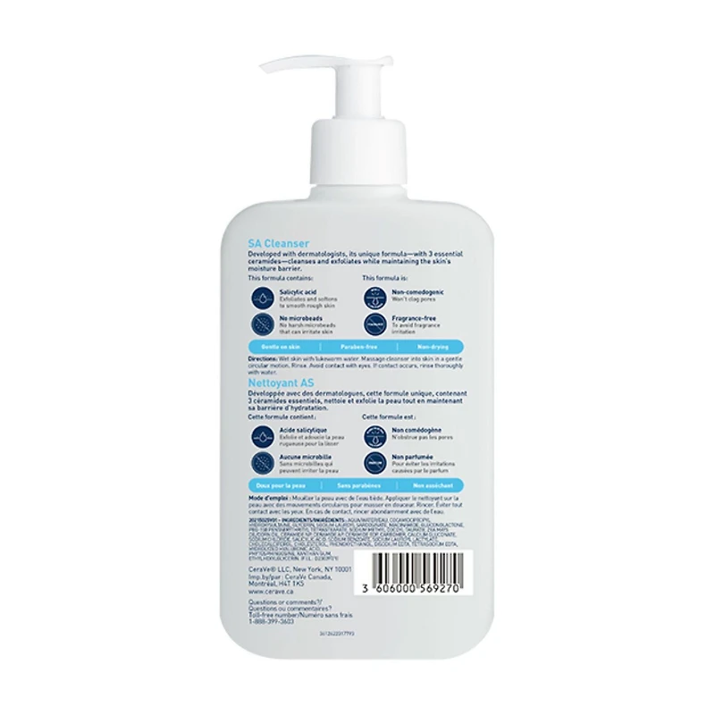 CeraVe SA Cleanser, Salicylic Acid Exfoliating Face Wash with Vitamin D and Ceramides for Rough Bumpy Skin, 473mL
