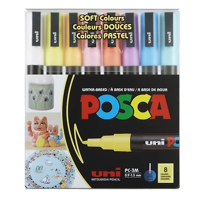 uni® POSCA PC-3M Water-Based Paint Markers, Reversible Fine Tip (0.9-1.3mm), Soft Colors, 8 Pack