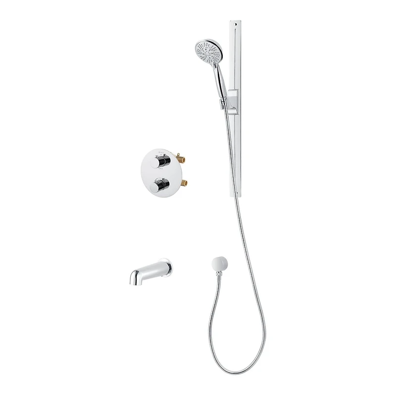 Round 3-functions thermostatic valve, handheld shower 10 settings, bath spout or simultaneously, chrome finish