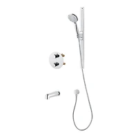 Round 3-functions thermostatic valve, handheld shower 10 settings, bath spout or simultaneously, chrome finish