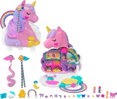 Polly Pocket Rainbow Unicorn Salon Playset with 2 Micro Dolls, Styling Head and 20+ Accessories