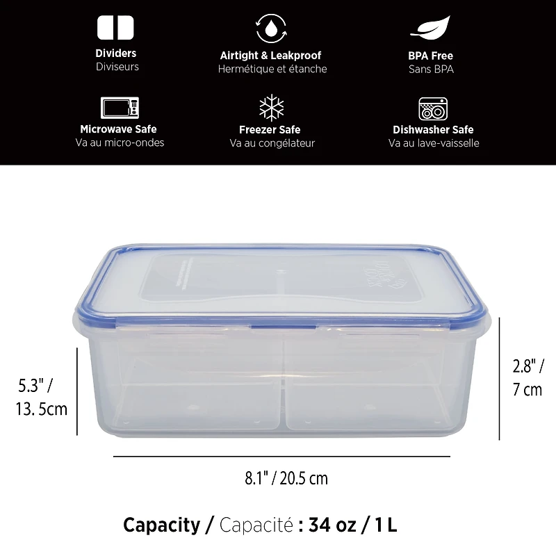 Starfrit LocknLock Plastic Bento Lunch Container - Removable Divider - 34oz/1L - Airtight & Leakproof - 4-Sided Locking Lid, Nestable and stackable
