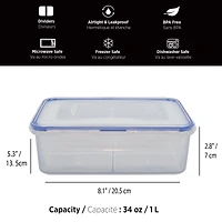 Starfrit LocknLock Plastic Bento Lunch Container - Removable Divider - 34oz/1L - Airtight & Leakproof - 4-Sided Locking Lid, Nestable and stackable