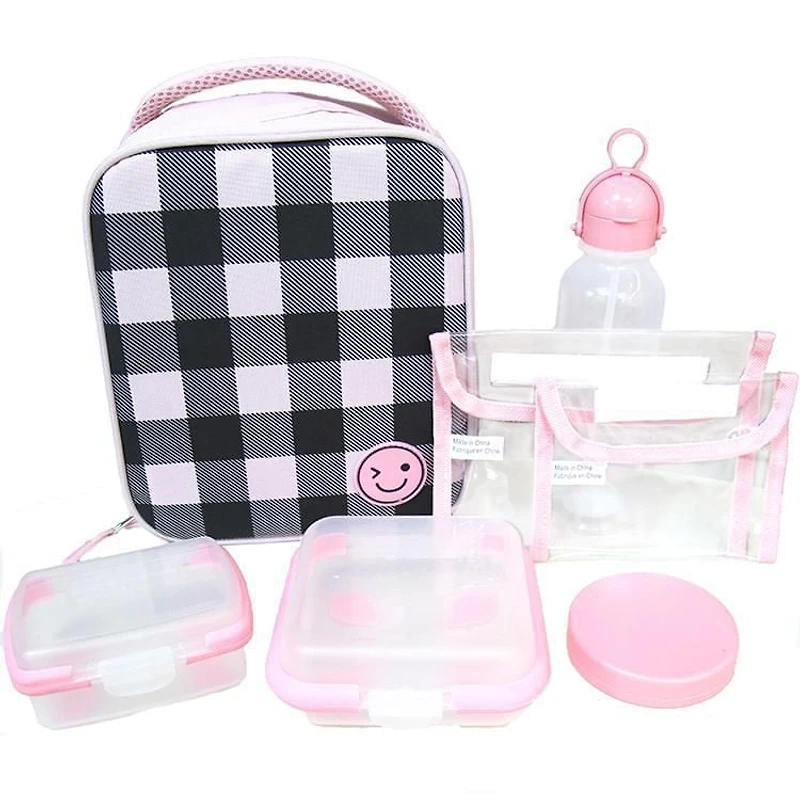 Ensemble de lunch à 7 pièces, motif à carreaux noir et rose