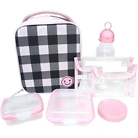 7-Piece Lunch Bag Kit, Black and Pink Checkered