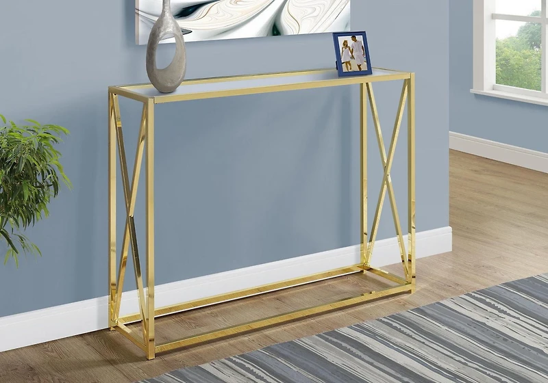 Monarch Specialties Accent Table, Console, Entryway, Narrow, Sofa, Living Room, Bedroom, Metal, Tempered Glass, Gold, Clear, Contemporary, Modern