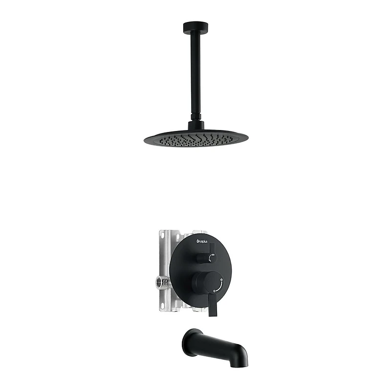akuaplus® Matte Black 3-Way diverter Pressure Balance Bath Shower Valve Set round w/ 1-Setting Shower head and Spout