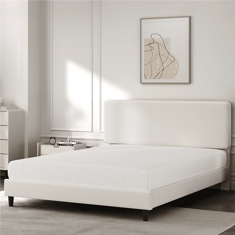 Fullfurnique Cadre de Lit Capitonné avec Tête de Lit Réglable et Lattes en Bois, Queen, Beige