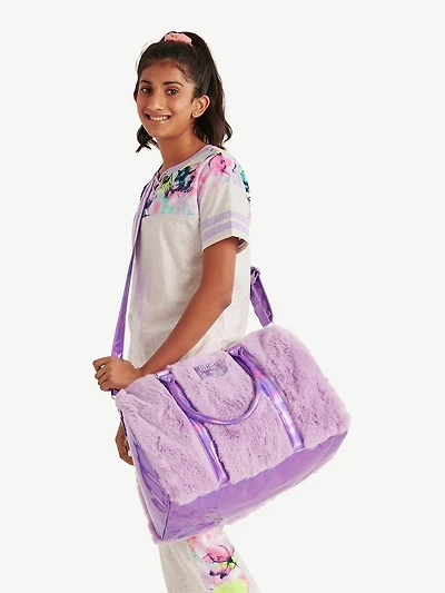 Justice Duffel Solid Faux Fur, Removable and adjustable shoulder strap.