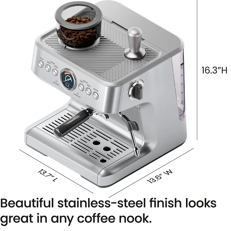 Chefman Crema Supreme Espresso Machine with Conical Burr Grinder and Steam Wand – Stainless Steel